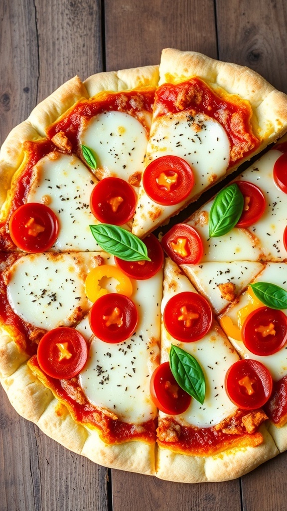 Cauliflower Crust Pizza Recipe A delicious cauliflower crust pizza with mozzarella, pepperoni, and bell peppers on a wooden table.